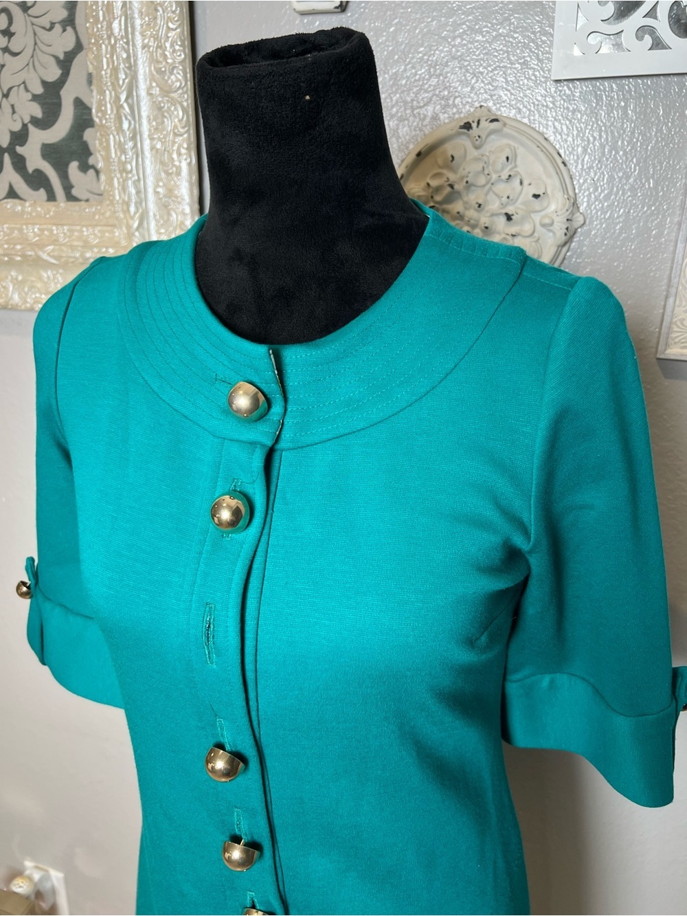 Teal Short Sleeve Button Front Shift Dress - Picture 6 of 12